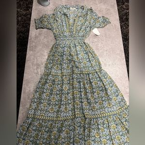 Ruffle Collar Print Tiered Maxi Dress Size S